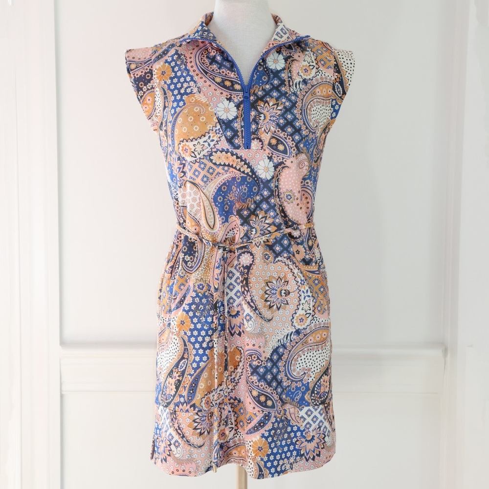 ALDEN ADAIR Leigh Dress in Paisley Patch 1/4 Zip with Pockets & Belt Size XS